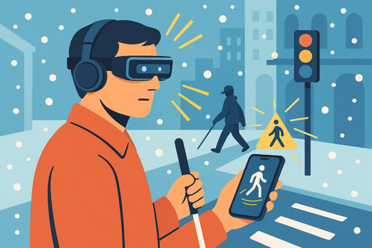 Illustration of a visually impaired man using smart glasses and a white cane, navigating a snowy city street with obstacle alerts shown on a smartphone, representing wearable AI technology for urban navigation